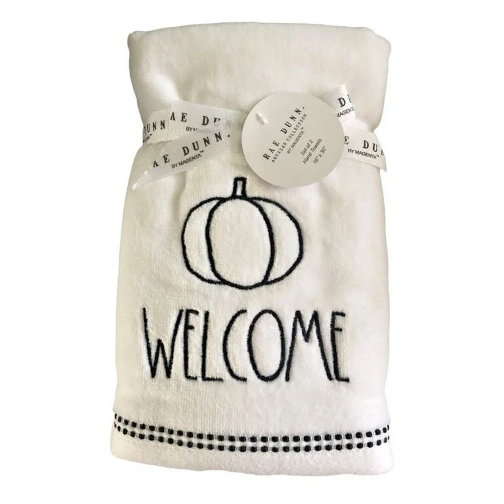Rae Dunn Thanksgiving Hand Towels Set of 2 Pumpkin Welcome Embroidered Fall